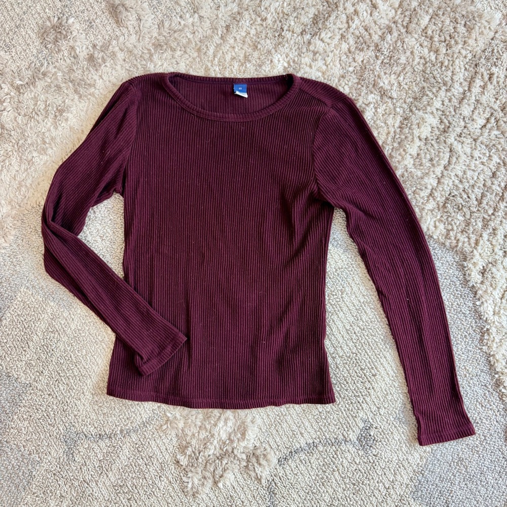 Old Navy Womens Ribbed Long Sleeve Crew Neck Top Burgundy Maroon XS